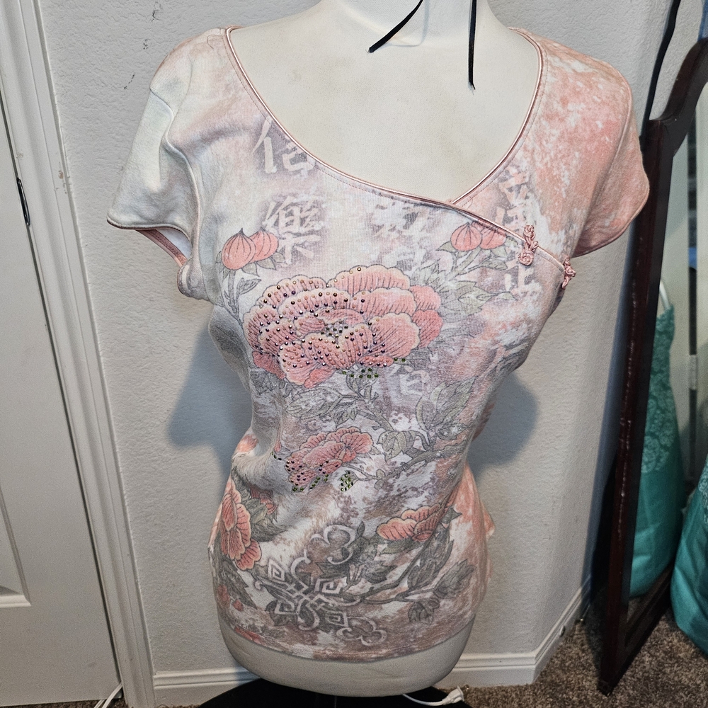 Vintage One World Y2K Pink Floral Rhinestone Top - Fairycore Grunge M